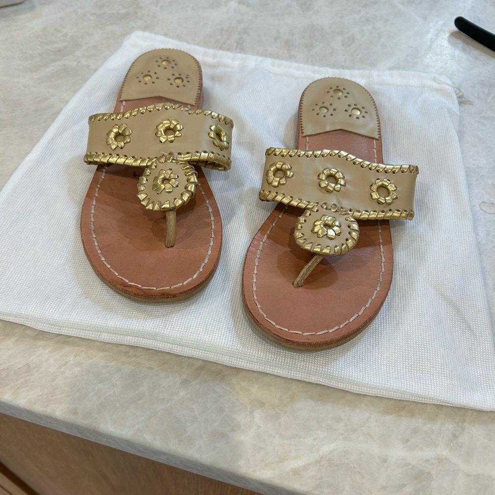 Jack Rogers Gold and Tan Sandals with Whipstitch Medallion